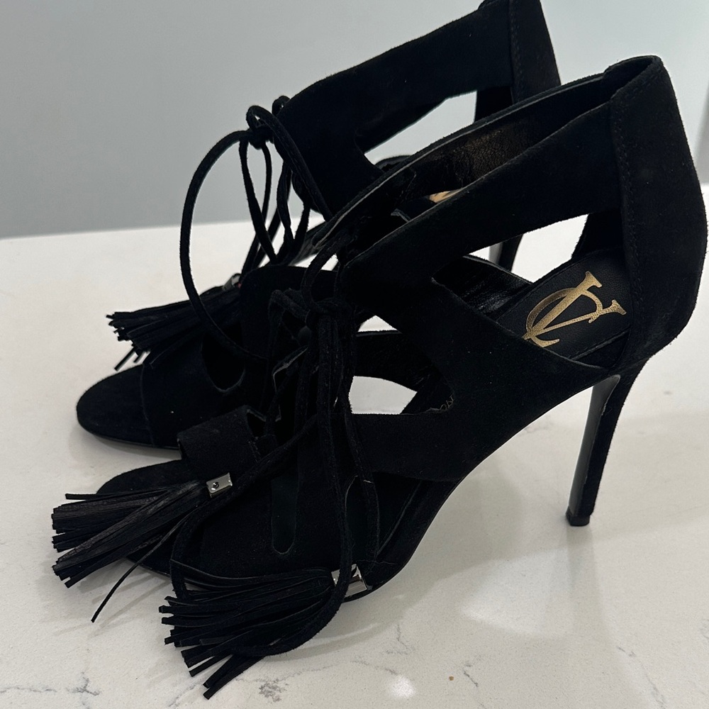 Vince Camuto Black Suede Heels with Tassel Detail